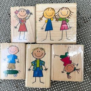 Stick figure kids rubber stamps